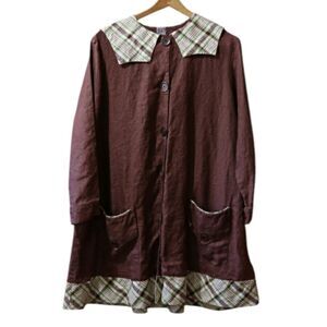 Patina Linen Brown Mini Dress w Peter Pan Plaid Collar Size Large